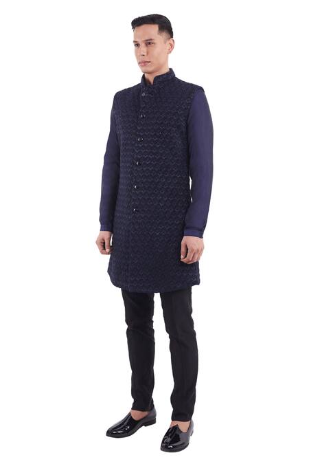Buy Kunal Rawal Blue Suiting Embroidered Longline Nehru Jacket Online at Aza Fashions Buy_Kunal Rawal_Blue Suiting Embroidered Longline Nehru Jacket _Online_at_Aza_Fashions