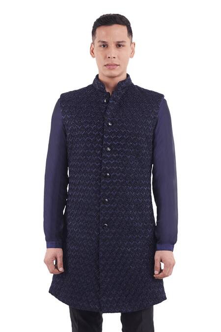Shop Kunal Rawal Blue Suiting Embroidered Longline Nehru Jacket Online at Aza Fashions Shop_Kunal Rawal_Blue Suiting Embroidered Longline Nehru Jacket _Online_at_Aza_Fashions