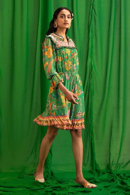 Saundh_Green Buttery Georgette Printed Tunic_Online_at_Aza_Fashions