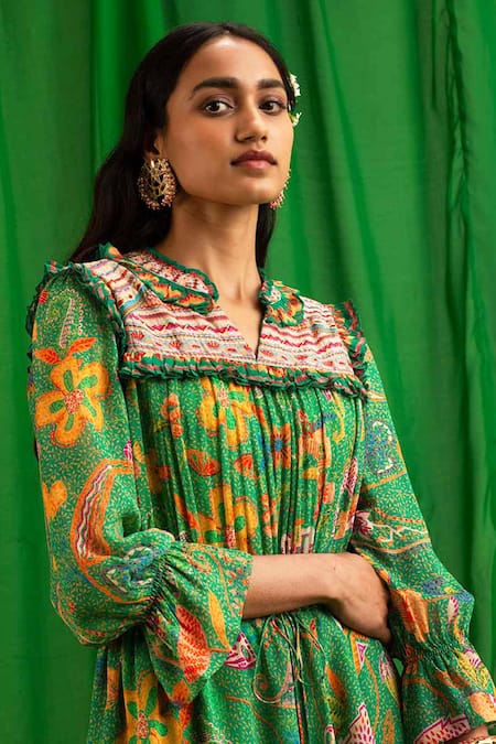 Saundh_Green Buttery Georgette Printed Tunic_at_Aza_Fashions
