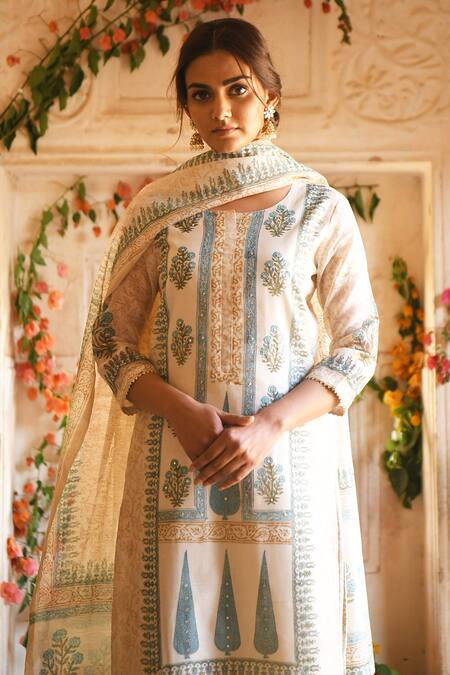 Buy_Karaj Jaipur_Blue Kurta And Dupatta Chanderi Pant Cotton Embroidery Round Printed Set_Online_at_Aza_Fashions