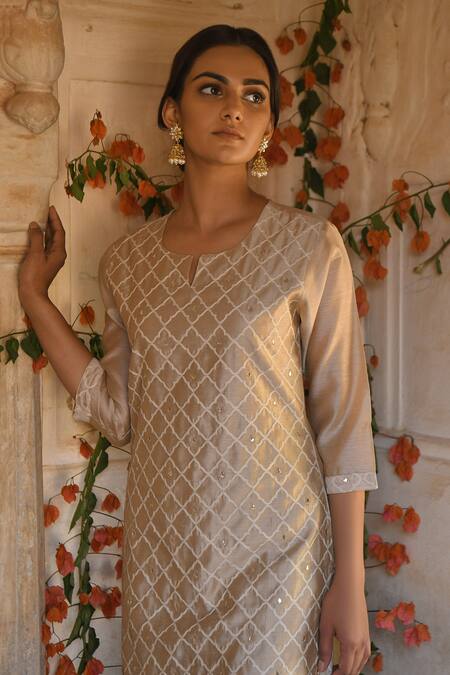 Shop_Karaj Jaipur_Beige Cotton, Chanderi Notched Kurta Set_Online_at_Aza_Fashions