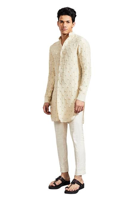 Buy_Kunal Rawal_Gold Rayon Fire Knotted Kurta _Online_at_Aza_Fashions