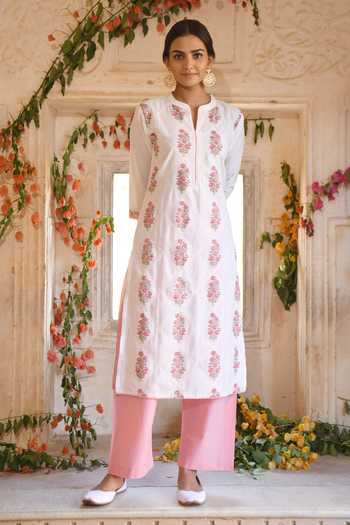 Buy_Karaj Jaipur_White Cotton Printed Kurta Set_Online_at_Aza_Fashions