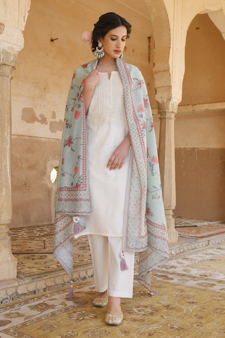 Buy_Karaj Jaipur_White Kurta And Dupatta Chanderi Pant Cotton Embroidery Round Set_Online_at_Aza_Fashions