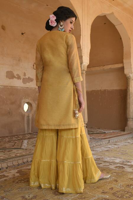 Shop_Karaj Jaipur_Yellow Kurta Chanderi Pant Cotton Dupatta Kota Doriya Embroidered Set_at_Aza_Fashions