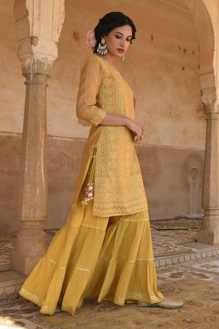 Karaj Jaipur_Yellow Kurta Chanderi Pant Cotton Dupatta Kota Doriya Embroidered Set_Online_at_Aza_Fashions