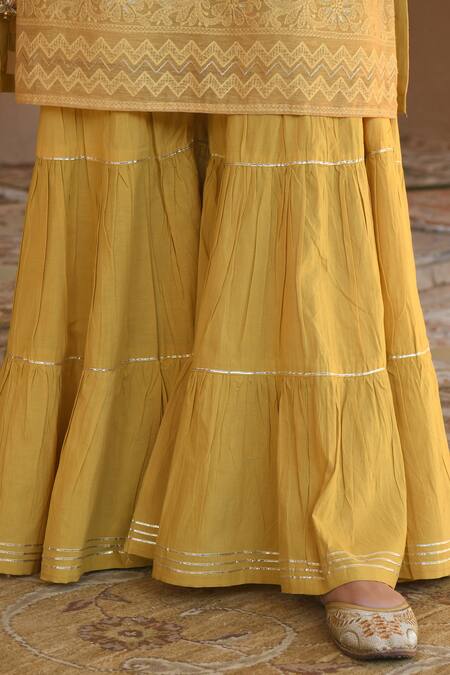 Shop_Karaj Jaipur_Yellow Kurta Chanderi Pant Cotton Dupatta Kota Doriya Embroidered Set_Online_at_Aza_Fashions