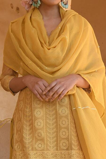 Karaj Jaipur Yellow Kurta Chanderi Pant Cotton Dupatta Kota Doriya Embroidered Set at Aza Fashions Karaj Jaipur_Yellow Kurta Chanderi Pant Cotton Dupatta Kota Doriya Embroidered Set_at_Aza_Fashions