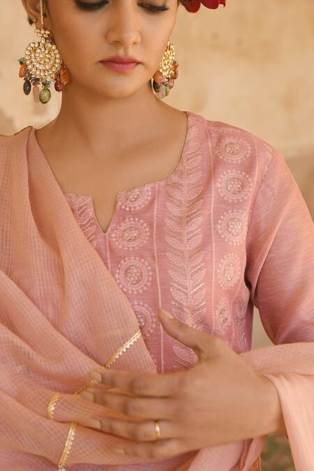 Buy Pink Kurta Chanderi Pant Cotton Dupatta Kota Doriya Set For