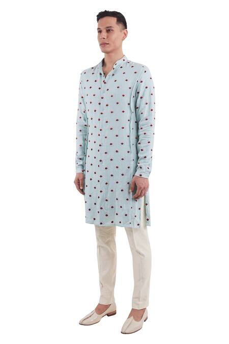 Buy_Kunal Rawal_Blue Linen Satin Bom Arrow Panelled Kurta _Online_at_Aza_Fashions