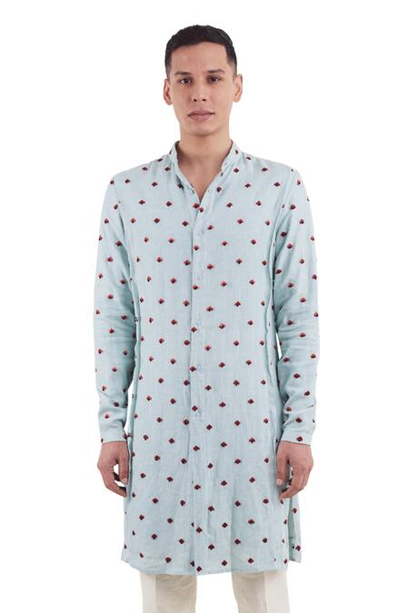 Shop_Kunal Rawal_Blue Linen Satin Bom Arrow Panelled Kurta _Online_at_Aza_Fashions