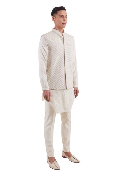 Kunal Rawal_White Suiting Embroidered Nehru Jacket _Online_at_Aza_Fashions