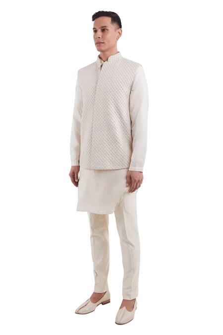 Buy_Kunal Rawal_White Suiting Embroidered Nehru Jacket _Online_at_Aza_Fashions