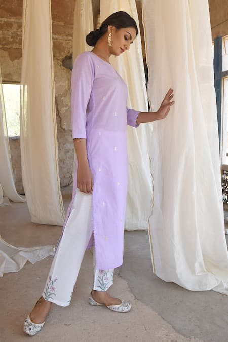 Karaj Jaipur_Purple Kurta And Pant Cotton Dupatta Kota Doriya Embroidery Round Set_Online_at_Aza_Fashions