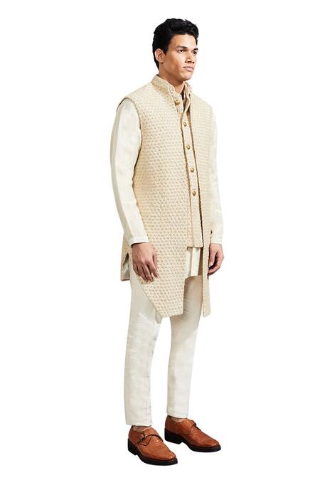 Kunal Rawal_Gold Linen Satin Flower Mock Layer Sleeveless Jacket _Online_at_Aza_Fashions
