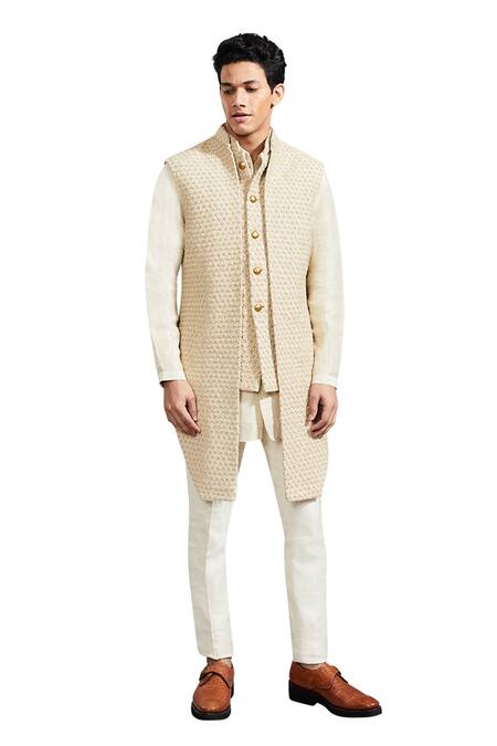 Shop_Kunal Rawal_Gold Linen Satin Flower Mock Layer Sleeveless Jacket _Online_at_Aza_Fashions