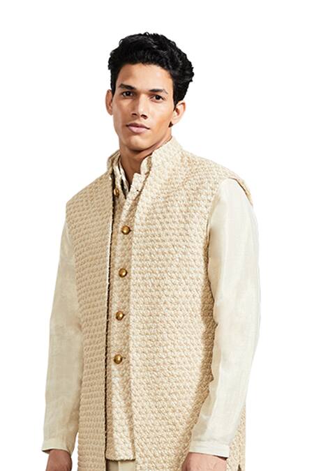 Kunal Rawal_Gold Linen Satin Flower Mock Layer Sleeveless Jacket _at_Aza_Fashions