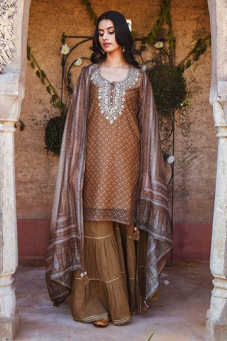 Karaj Jaipur_Green Dupatta Digital Chanderi, Kurta Chanderi, Sharara Cotton Printed Set_Online_at_Aza_Fashions