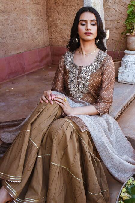 Buy_Karaj Jaipur_Green Dupatta Digital Chanderi, Kurta Chanderi, Sharara Cotton Printed Set_Online_at_Aza_Fashions