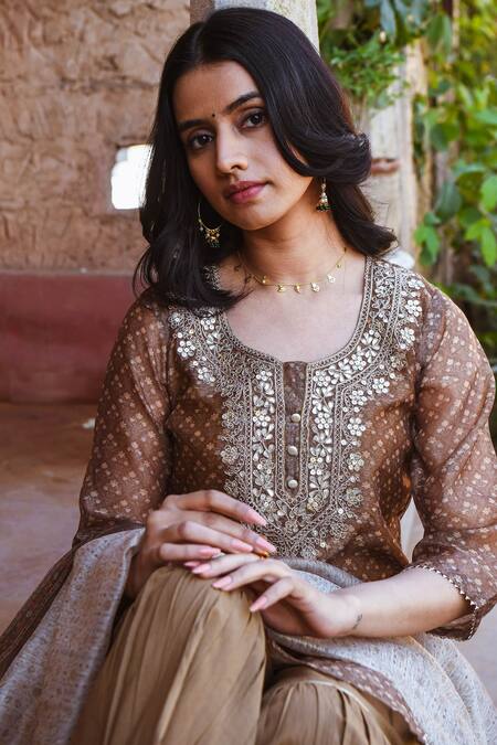 Shop_Karaj Jaipur_Green Dupatta Digital Chanderi, Kurta Chanderi, Sharara Cotton Printed Set_Online_at_Aza_Fashions