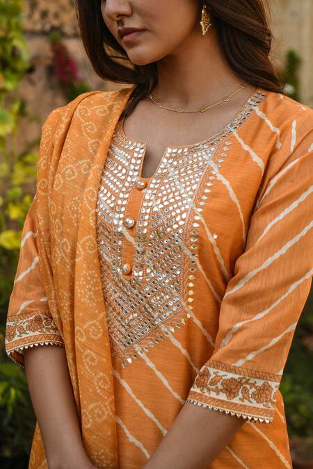 Shop_Karaj Jaipur_Orange Dupatta Digital Chanderi, Kurta Chanderi, Pant Cotton Gota Print Set_Online_at_Aza_Fashions