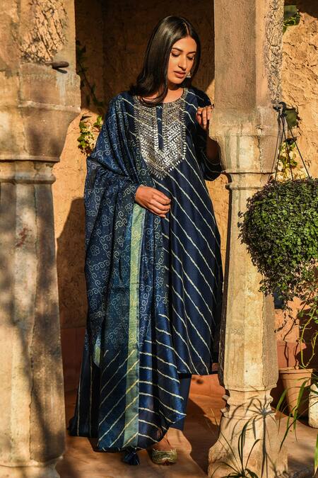 Buy_Karaj Jaipur_Blue Dupatta Digital Chanderi, Kurta Chanderi, Pant Cotton Gota Print Set_Online_at_Aza_Fashions