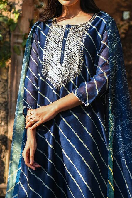 Shop_Karaj Jaipur_Blue Dupatta Digital Chanderi, Kurta Chanderi, Pant Cotton Gota Print Set_Online_at_Aza_Fashions
