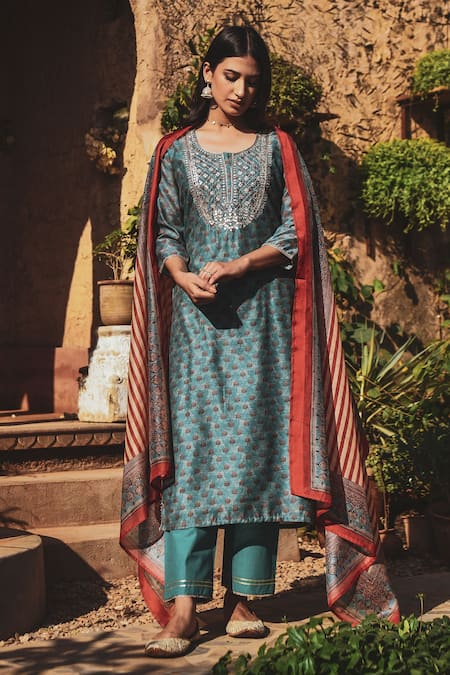 KARAJ JAIPUR Chanderi Floral Print Kurta Set 