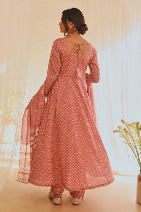 Shop_Karaj Jaipur_Pink Anarkali And Pant Cotton Printed Polka Dot Round Set_at_Aza_Fashions