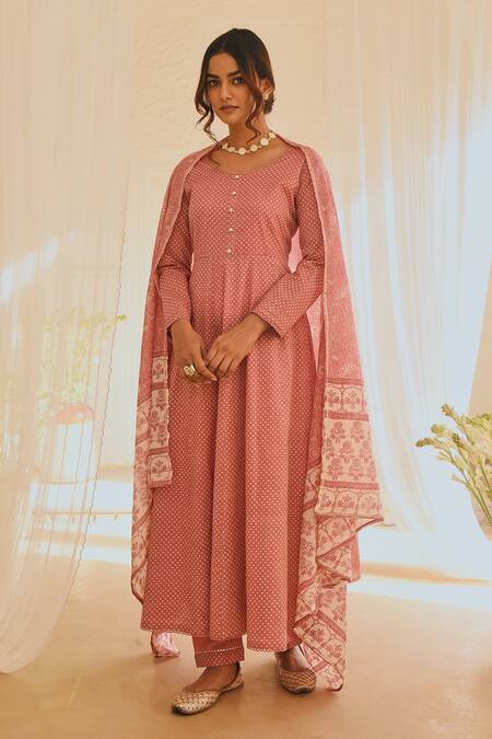 Karaj Jaipur_Pink Anarkali And Pant Cotton Printed Polka Dot Round Set_Online_at_Aza_Fashions