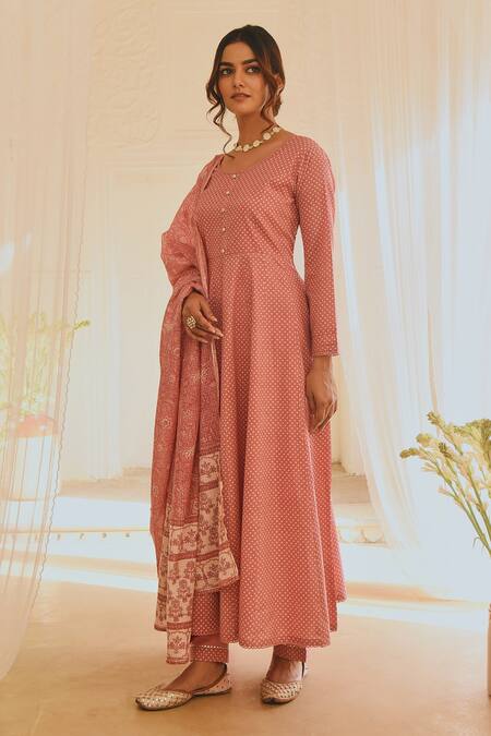 Buy_Karaj Jaipur_Pink Anarkali And Pant Cotton Printed Polka Dot Round Set_Online_at_Aza_Fashions