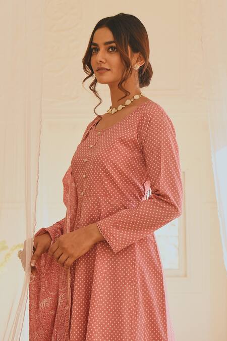 Shop_Karaj Jaipur_Pink Anarkali And Pant Cotton Printed Polka Dot Round Set_Online_at_Aza_Fashions