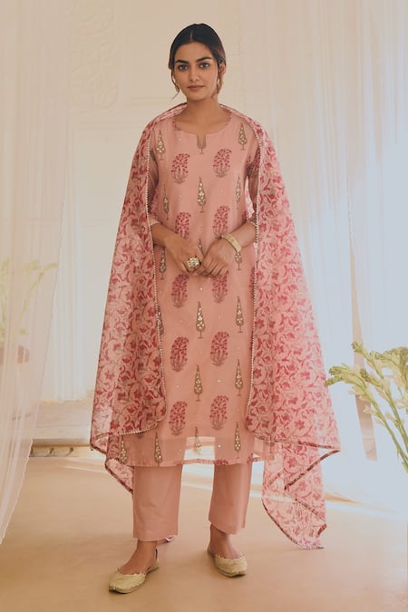 KARAJ JAIPUR Chanderi Floral Print Kurta Set 