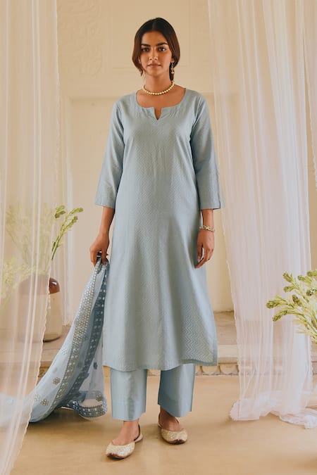Karaj Jaipur_Blue Kurta And Dupatta Cotton, Pant Kota Doria Floral Set With Embroidered _Online_at_Aza_Fashions