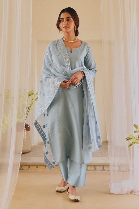 Buy_Karaj Jaipur_Blue Kurta And Dupatta Cotton, Pant Kota Doria Floral Set With Embroidered _Online_at_Aza_Fashions