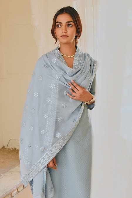 Shop_Karaj Jaipur_Blue Kurta And Dupatta Cotton, Pant Kota Doria Floral Set With Embroidered _Online_at_Aza_Fashions