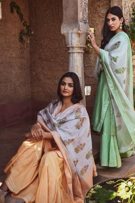 Buy_Karaj Jaipur_Peach Kurta And Dupatta- Chanderi, Sharara- Cotton Gota Round Set With_Online_at_Aza_Fashions