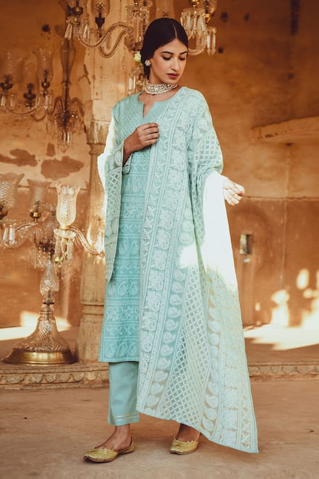 Shop_Karaj Jaipur_Green Dupatta Chiffon, Kurta Chanderi, Pant Cotton Thread Embroidered Set _Online_at_Aza_Fashions