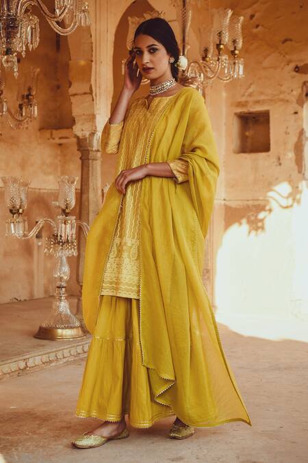 Shop Karaj Jaipur Yellow Dupatta Kota Doriya, Kurta Chanderi, Sharara Cotton Embroidered Set at Aza Fashions Shop_Karaj Jaipur_Yellow Dupatta Kota Doriya, Kurta Chanderi, Sharara Cotton Embroidered Set_at_Aza_Fashions