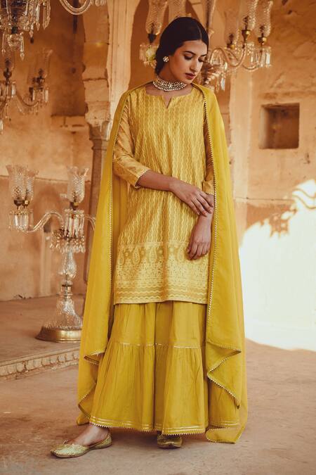 Karaj Jaipur Yellow Dupatta Kota Doriya, Kurta Chanderi, Sharara Cotton Embroidered Set Online at Aza Fashions Karaj Jaipur_Yellow Dupatta Kota Doriya, Kurta Chanderi, Sharara Cotton Embroidered Set_Online_at_Aza_Fashions