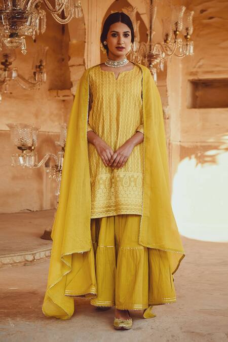 Shop Karaj Jaipur Yellow Dupatta Kota Doriya, Kurta Chanderi, Sharara Cotton Embroidered Set Online at Aza Fashions Shop_Karaj Jaipur_Yellow Dupatta Kota Doriya, Kurta Chanderi, Sharara Cotton Embroidered Set_Online_at_Aza_Fashions