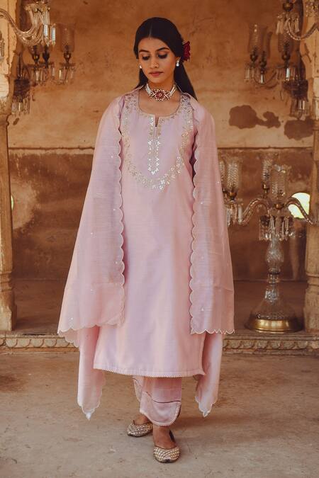 Karaj Jaipur_Pink Kurta And Dupatta Chanderi Embroidered Gota Notched Pant Set_Online_at_Aza_Fashions
