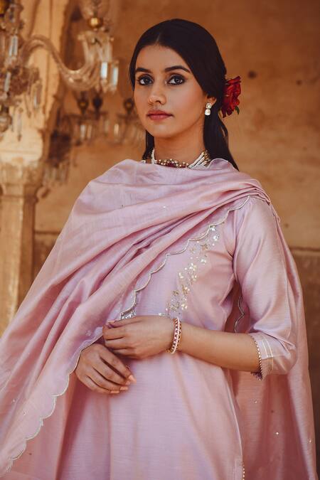 Shop_Karaj Jaipur_Pink Kurta And Dupatta Chanderi Embroidered Gota Notched Pant Set_Online_at_Aza_Fashions
