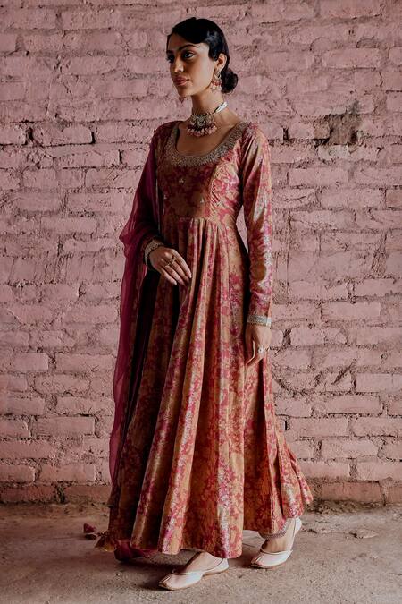 Shop Karaj Jaipur Pink Anarkali And Pant- Silk Velvet, Dupatta- Chiffon Floral, Sequin Print Set at Aza Fashions Shop_Karaj Jaipur_Pink Anarkali And Pant- Silk Velvet, Dupatta- Chiffon Floral, Sequin Print Set_at_Aza_Fashions