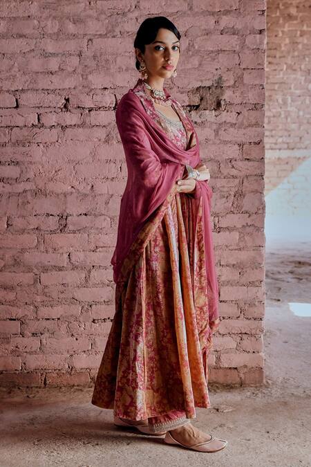 Karaj Jaipur Pink Anarkali And Pant- Silk Velvet, Dupatta- Chiffon Floral, Sequin Print Set Online at Aza Fashions Karaj Jaipur_Pink Anarkali And Pant- Silk Velvet, Dupatta- Chiffon Floral, Sequin Print Set_Online_at_Aza_Fashions