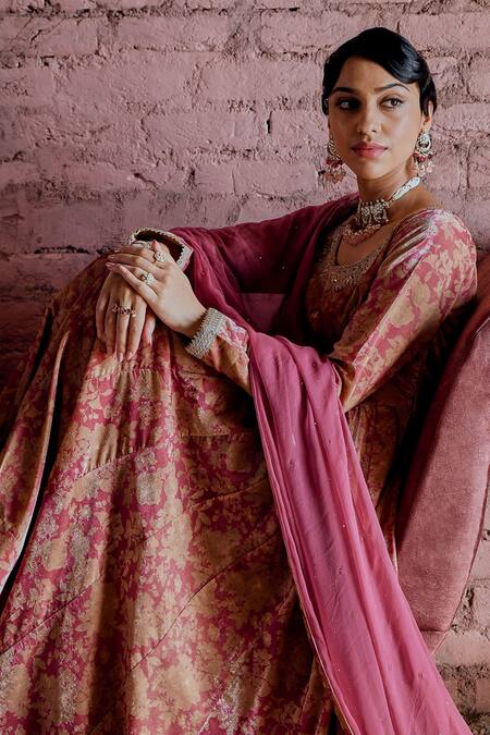 Buy Karaj Jaipur Pink Anarkali And Pant- Silk Velvet, Dupatta- Chiffon Floral, Sequin Print Set Online at Aza Fashions Buy_Karaj Jaipur_Pink Anarkali And Pant- Silk Velvet, Dupatta- Chiffon Floral, Sequin Print Set_Online_at_Aza_Fashions