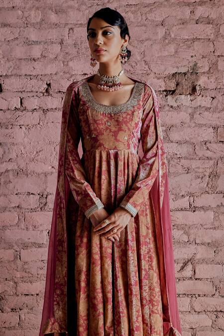 Shop Karaj Jaipur Pink Anarkali And Pant- Silk Velvet, Dupatta- Chiffon Floral, Sequin Print Set Online at Aza Fashions Shop_Karaj Jaipur_Pink Anarkali And Pant- Silk Velvet, Dupatta- Chiffon Floral, Sequin Print Set_Online_at_Aza_Fashions
