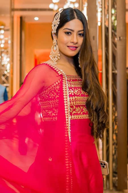 Gopi Vaid_Pink Organza, Tussar Square Neck Embroidered Sharara Set_Online_at_Aza_Fashions