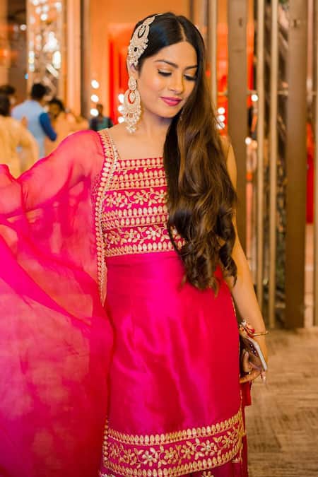 Buy_Gopi Vaid_Pink Organza, Tussar Square Neck Embroidered Sharara Set_Online_at_Aza_Fashions